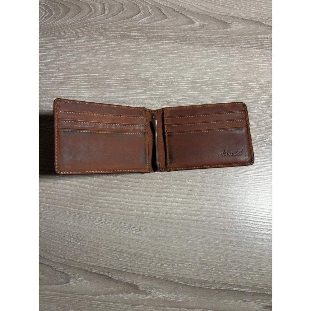 Kinzd Mens Brown Leather Bifold Money Clip Wallet with ID Window Minimalist